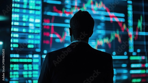 A businessman looking at a stock market chart.