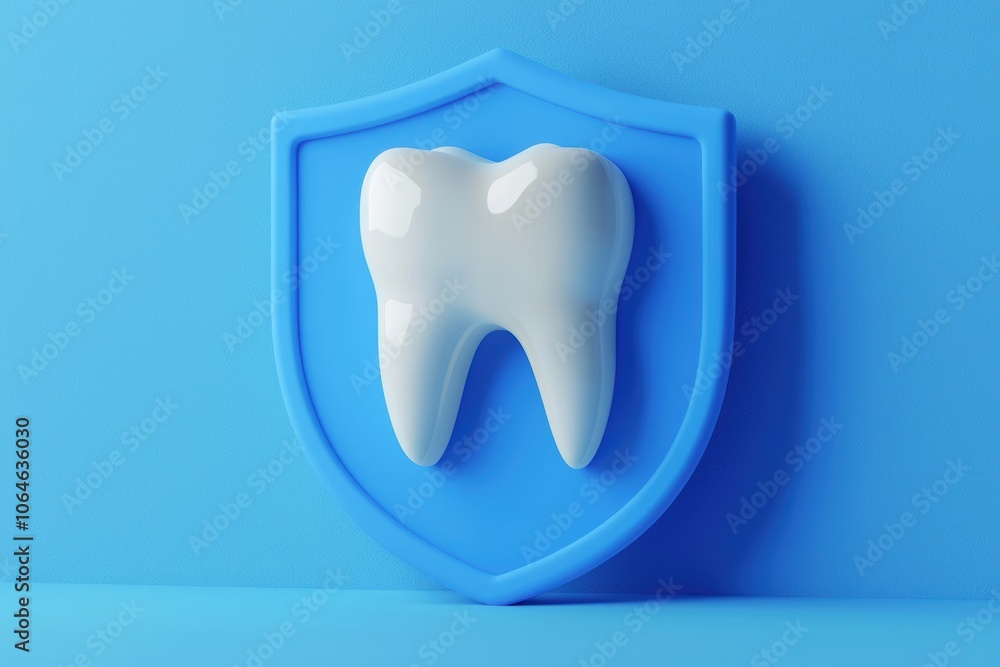 Stylized tooth and medical shield icon in vibrant blue setting, minimal and modern, ideal for themes of dental care, health protection, and hygiene Stylized tooth and medical shield icon in vibrant blue setting, minimal and modern, ideal for themes of dental care, health protection, and hygiene