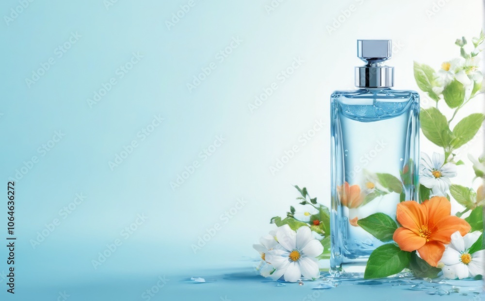 Digital illustration of a clear glass perfume bottle on blue background with white and orange flowers and water droplets. Digital illustration of a clear glass perfume bottle on blue background with white and orange flowers and water droplets.