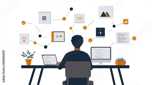 Person connecting a VPN on a tablet while working remotely surrounded by secure network icons reflecting a safe and productive home office