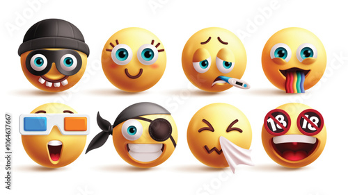 Emoji emoticon character vector set. Emojis 3d character with criminal, cute eyes, sick, happiness, watching, pirate, sneezing and sensored number eighteen facial expression design elements. Vector 