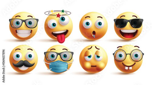 Emoji emoticon characters vector set. Emojis smile, dizzy, drool, happy, cool, sick, flu and nerd facial expressions graphic elements. Vector illustration yellow emoticons character collection.
