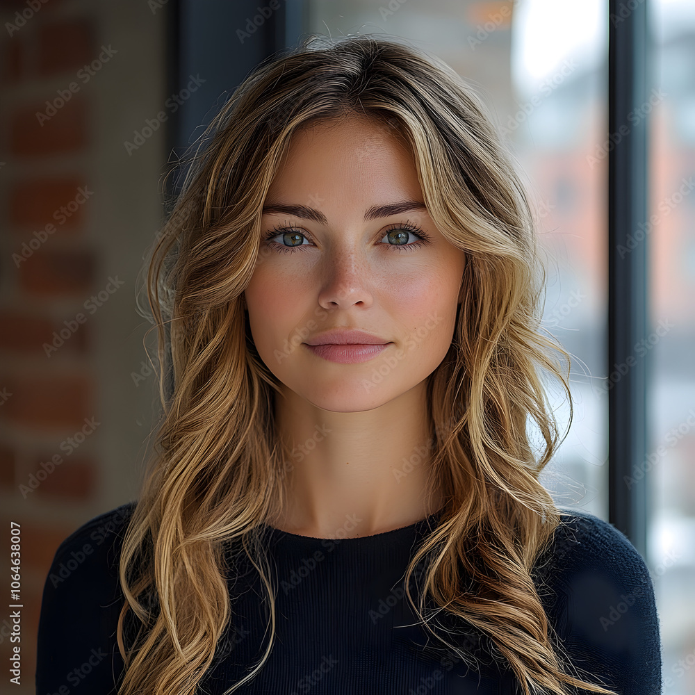 Elegant Portrait of a Confident Brunette Woman Smiling in a Cozy Indoor Setting Elegant Portrait of a Confident Brunette Woman Smiling in a Cozy Indoor Setting