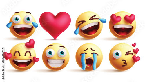 Emoji in love emoticon characters vector set. Emojis happy, heart, laughing, love, attract, smile, teary eyes and romantic facial expressions graphic elements. Vector illustration emojis 3d emoticons 