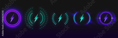 Glowing wireless charging icons set with lightning bolt symbols in neon purple and turquoise colors. Battery power luminous indicators of different circular patterns, dotted halos and radial designs.