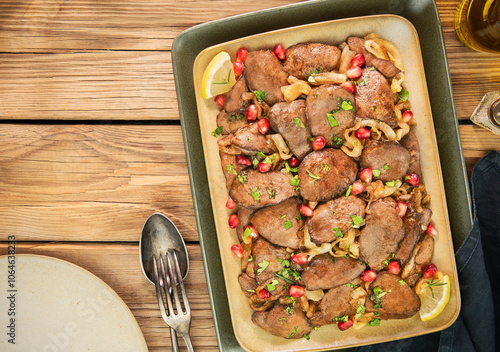 Arabic Cuisine; Tender lemon garlic chicken livers with caramelize onions. Cooked in a sweet tangy pomegranate glaze. Garnished with pomegranate seeds and parsley.