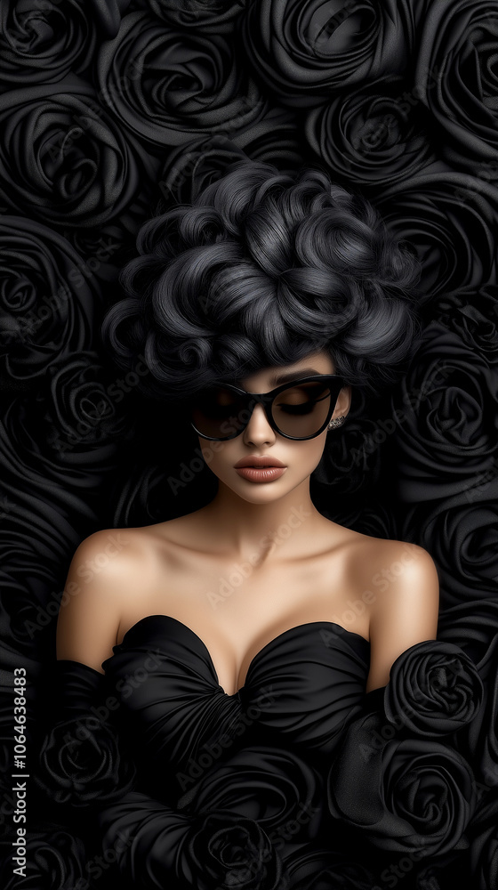 A woman with a black wig and sunglasses is surrounded by black roses. The image has a dark and mysterious mood, with the woman's appearance and the roses creating a sense of elegance A woman with a black wig and sunglasses is surrounded by black roses. The image has a dark and mysterious mood, with the woman's appearance and the roses creating a sense of elegance