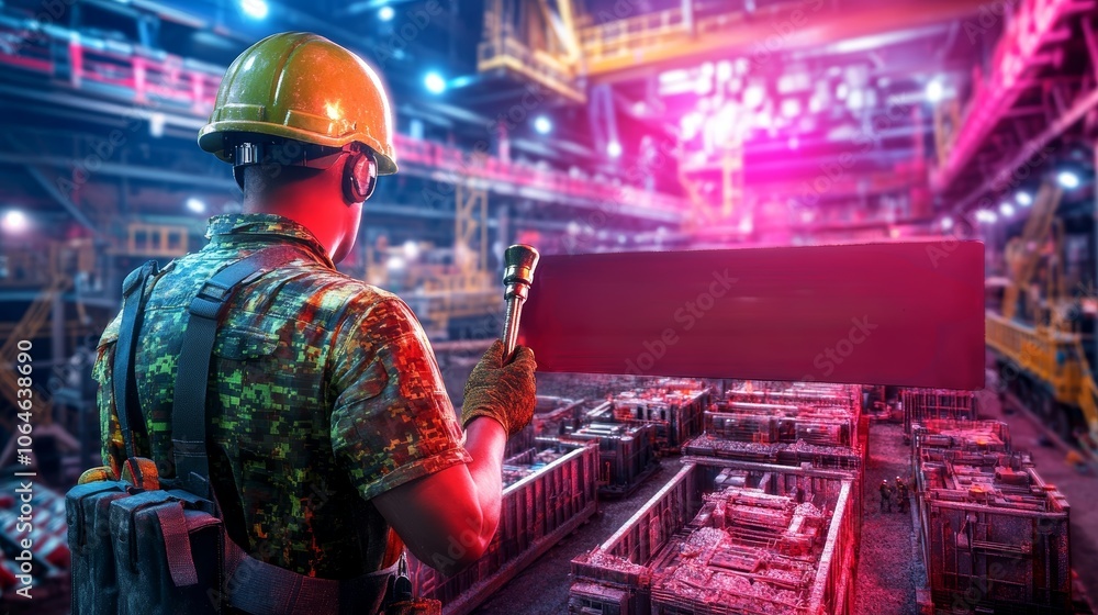 Fototapeta premium A worker in a helmet inspects machinery in a vibrant industrial setting, illuminated by colorful lights, showcasing a modern manufacturing environment.