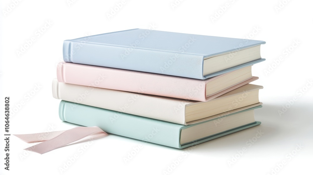 A stack of pastel-colored photo books on white background A stack of pastel-colored photo books on white background