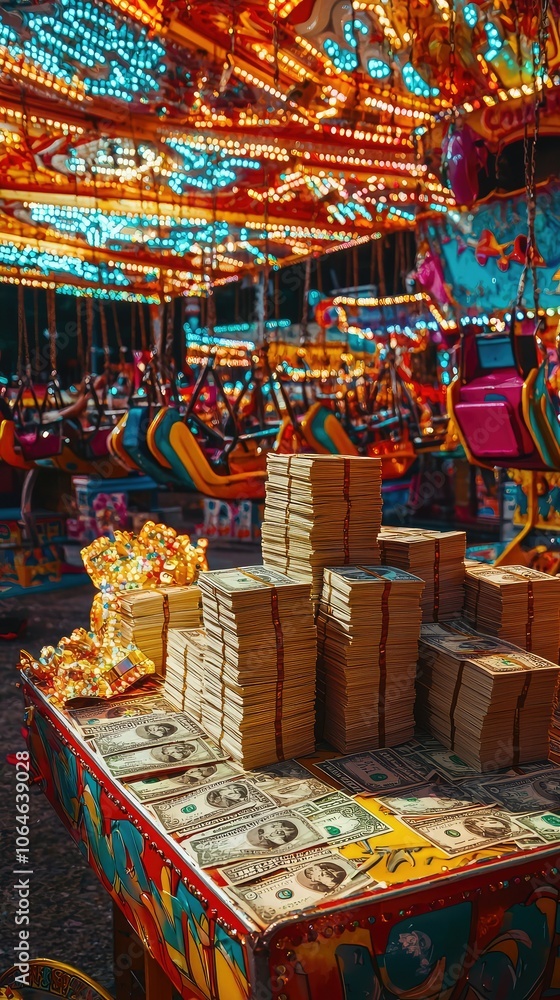 Colorful Carnival Scene with Stacks of Cash Colorful Carnival Scene with Stacks of Cash