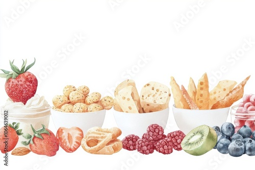 Diabetic-friendly snacks, soft textures, vibrant yet calm, Watercolor style photo