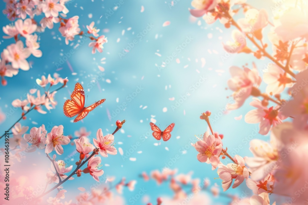 Cherry blossom banner with blue sky and butterflies in nature.