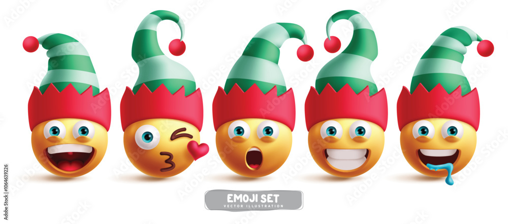 Emoji elf christmas character vector set. Emojis xmas emoticons in happy, kiss, shock, cute smile and hungry facial expressions wearing green and red hat costume in white background. Vector Emoji elf christmas character vector set. Emojis xmas emoticons in happy, kiss, shock, cute smile and hungry facial expressions wearing green and red hat costume in white background. Vector
