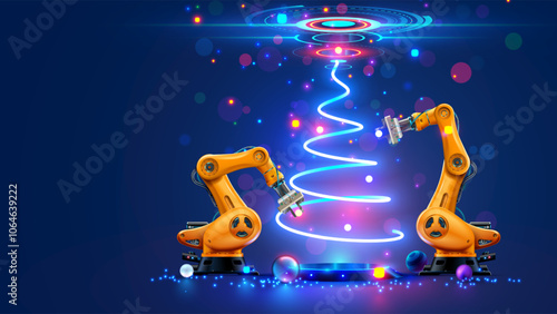 Industry robot decorations christmas tree. Robotic arm on factory on card of christmas holidays. Industrial robots manipulator decorations cyber virtual christmas tree in modern tech style.