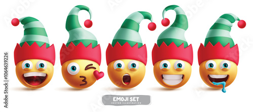 Emoji elf christmas character vector set.  Emojis xmas emoticons in happy, kiss, shock, cute smile and hungry facial expressions wearing green and red hat costume in white background. Vector 