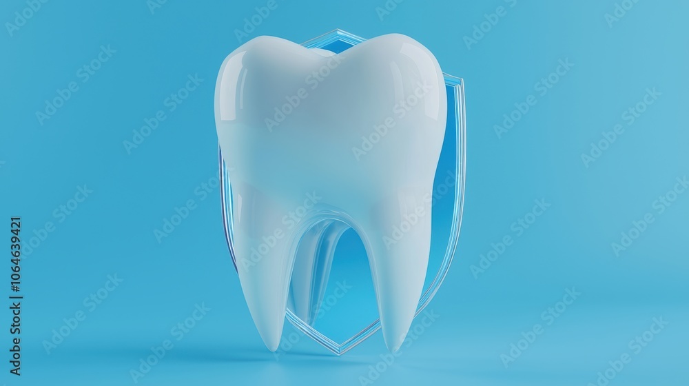 Large 3D tooth with a medical shield icon, vibrant blue background, ideal for dental care, protection, and oral health awareness visuals Large 3D tooth with a medical shield icon, vibrant blue background, ideal for dental care, protection, and oral health awareness visuals