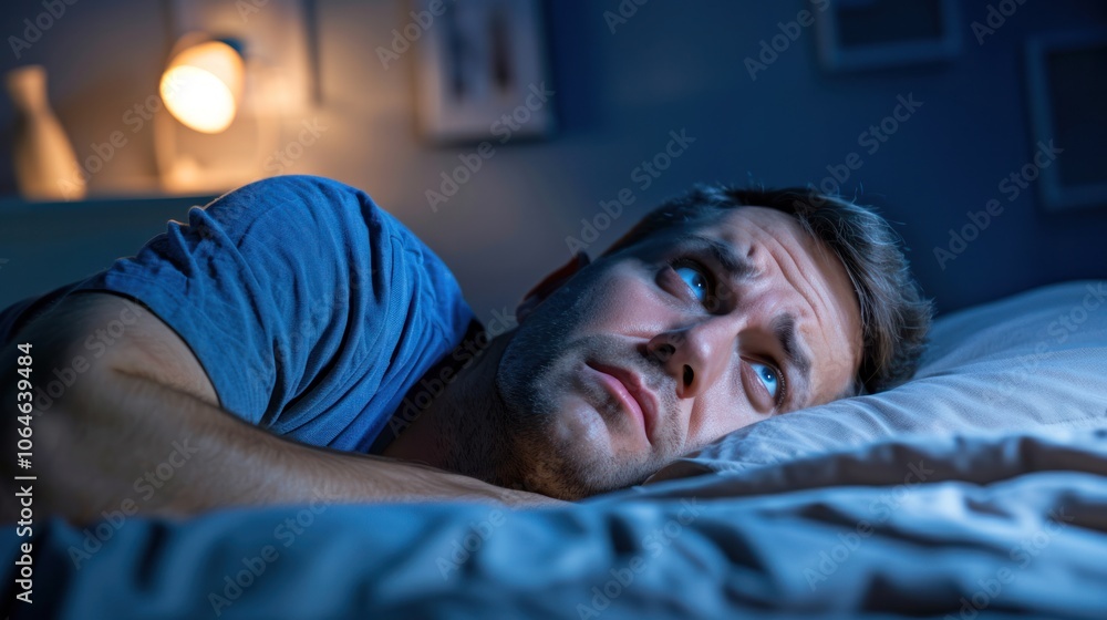Restless man with open eyes, full of exhaustion and anxiety, unable to sleep in a softly lit room with nightstand lamp. Restless man with open eyes, full of exhaustion and anxiety, unable to sleep in a softly lit room with nightstand lamp.