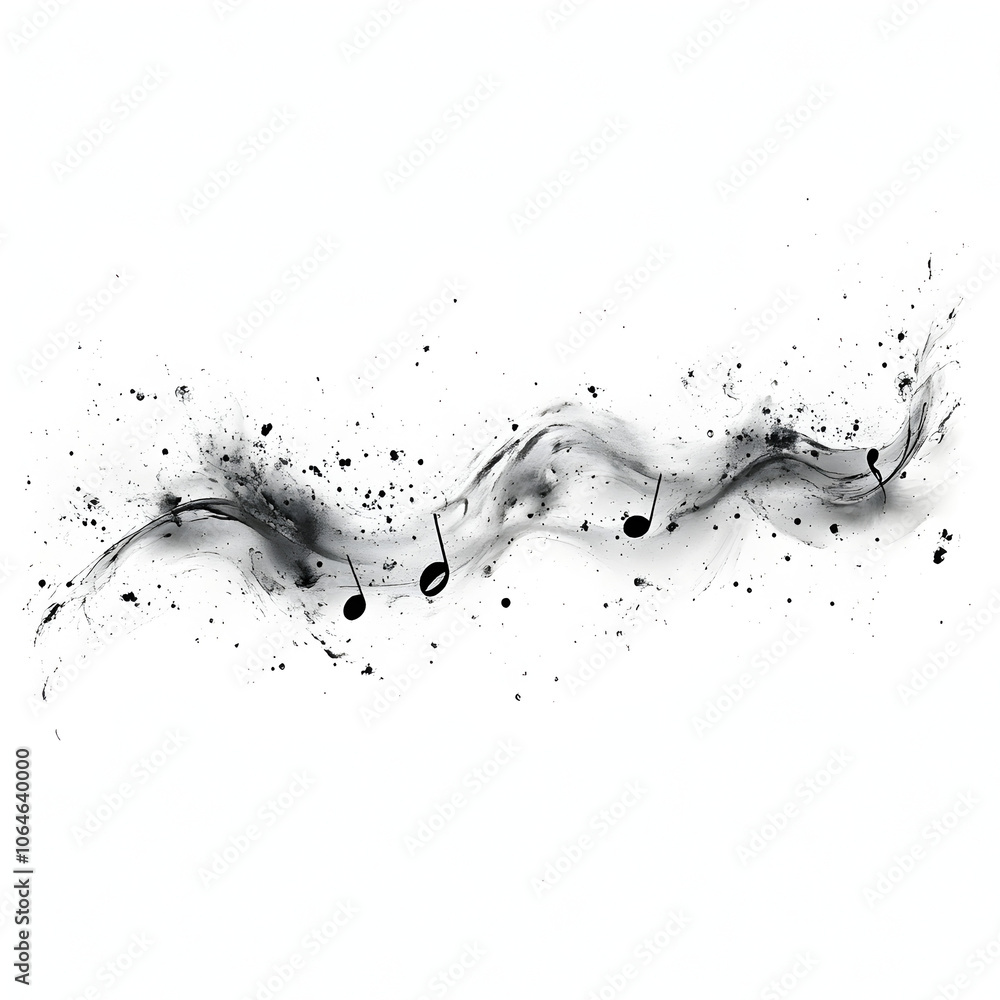 Abstract Black and White Music Notes Illustration with Sound Waves and Splash Patterns Abstract Black and White Music Notes Illustration with Sound Waves and Splash Patterns
