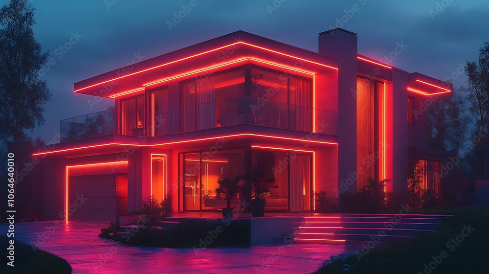 Obraz premium Smart home glowing lines connecting devices like lights and cameras protected by digital locks symbolizing home cybersecurity