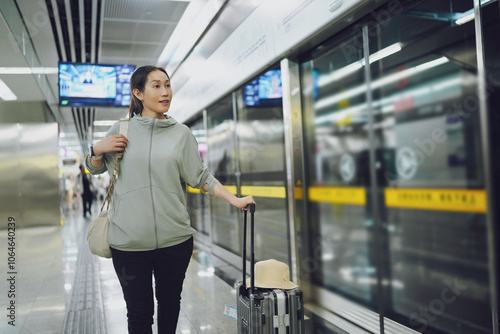 Modern Travel Experience: Young Woman in Subway Station with Luggage