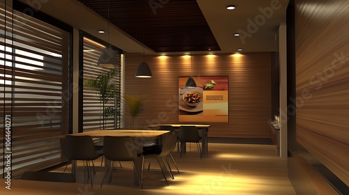 Modern Restaurant Interior with Wooden Walls and Lighting