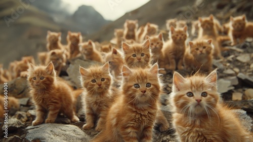 A group of adorable orange kittens sits on red fabric against a matching red background, creating a cozy and warm scene.