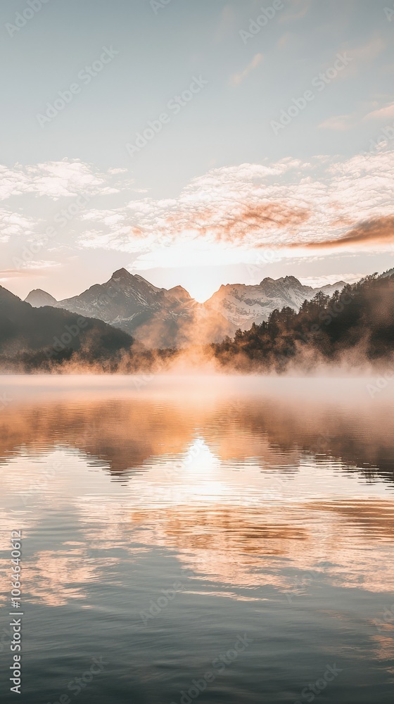 Serene Sunrise Over Calm Lake with Rising Mist Serene Sunrise Over Calm Lake with Rising Mist