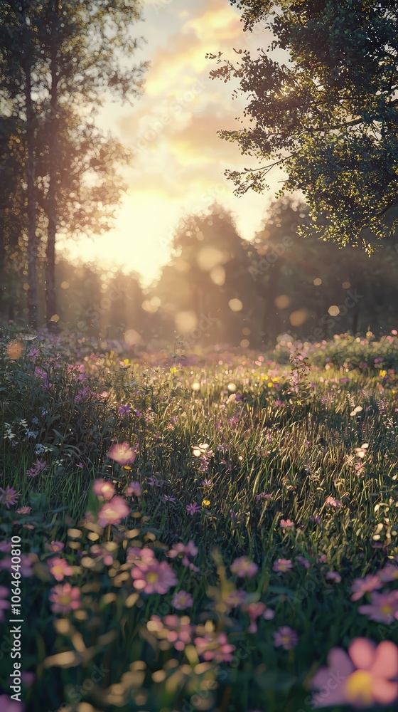 Fototapeta premium Tranquil Dawn Meadow with Dew-Covered Grass