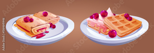 Crepe pancake food with waffle and cream on plate isolated. Belgian cake with syrup for tuesday breakfast. Cute french bakery with sweet cherry for seasoning cafe menu. Golden blini serving element