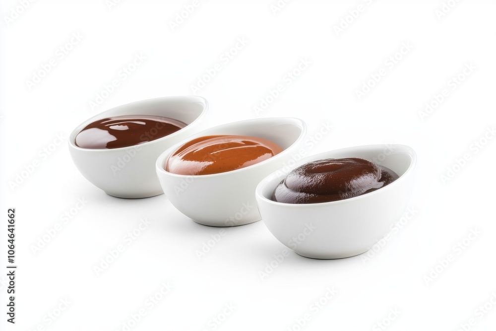 various sauces in small white bowls, neatly arranged in a line, vibrant colors and smooth textures, isolated on white background