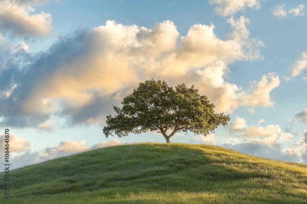 Fototapeta premium Solitary Oak Tree at Sunset on a Grassy Hill in a Serene Rural Landscape