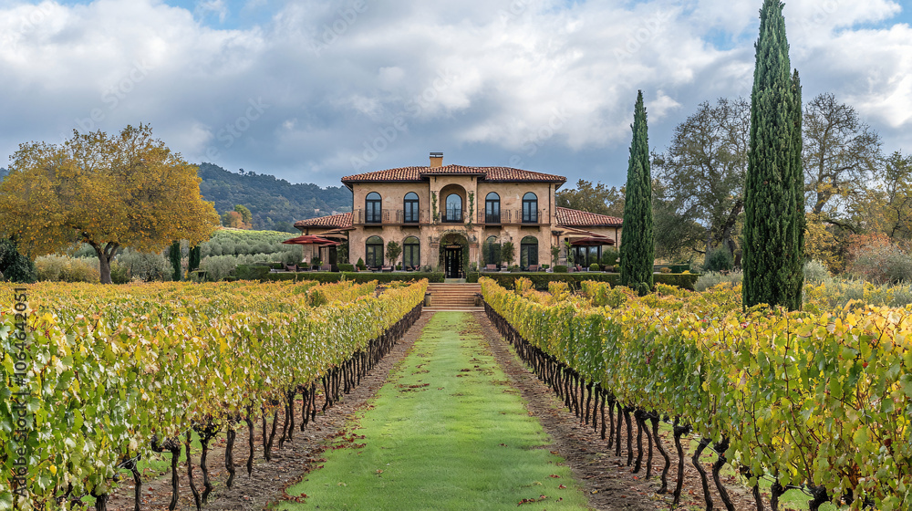 Obraz premium A beautiful villa surrounded by vineyards, perfect for a Thanksgiving retreat.