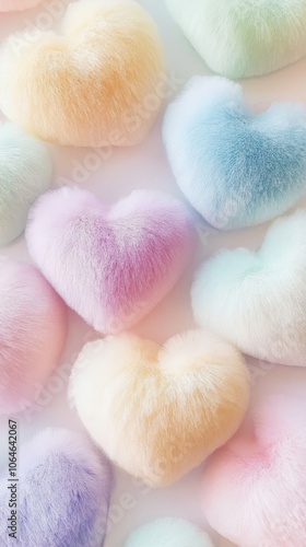 Soft and fuzzy heart-shaped pillows in various pastel colors arranged in a harmonious pattern, ideal for enhancing the ambiance of a peaceful space.