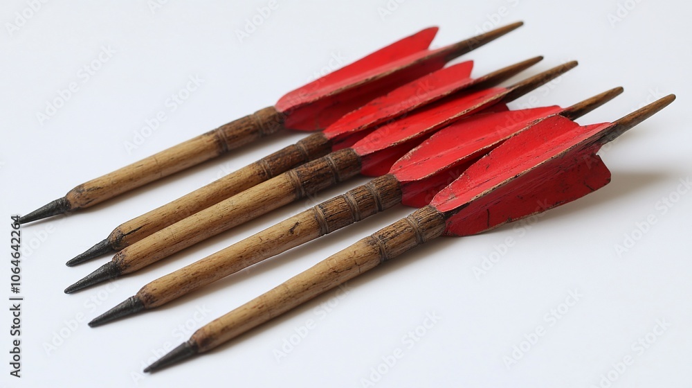 Five wooden darts with red feathers, arranged in a row. Five wooden darts with red feathers, arranged in a row.