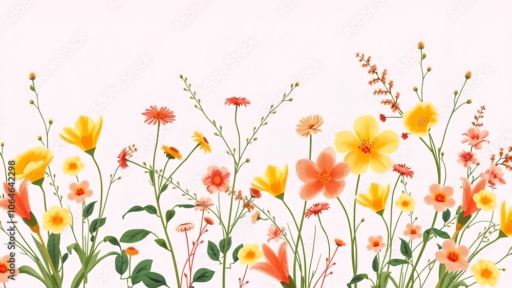 a wide, cinematic floral pattern with delicate wildflowers in shades of warm yellow, coral, and blush pink on a pale lavender background a wide, cinematic floral pattern with delicate wildflowers in shades of warm yellow, coral, and blush pink on a pale lavender background