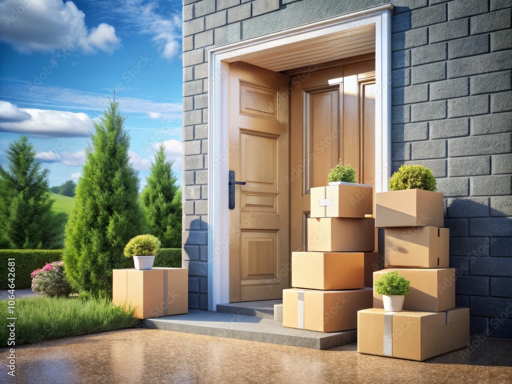 3D Rendering of Parcel Delivery Boxes at a Doorstep with Copy Space for Business Use, Showcasing the Convenience of Online Shopping and Efficient Logistics Solutions 3D Rendering of Parcel Delivery Boxes at a Doorstep with Copy Space for Business Use, Showcasing the Convenience of Online Shopping and Efficient Logistics Solutions