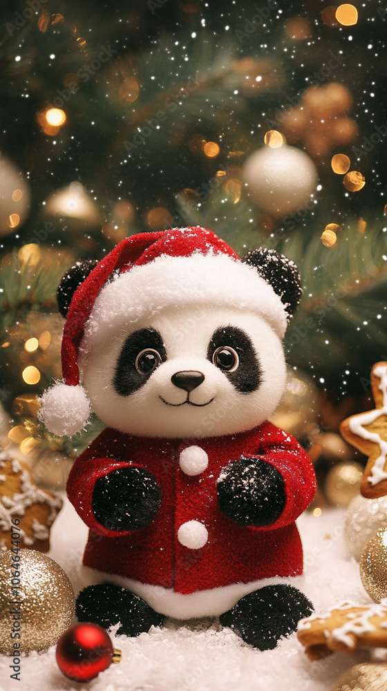 Xmas vibes - christmas mood - happy funny cute panda bear wearing santa claus hat in front of christmas tree. Vertical banner for instagram story, reel or tiktok Xmas vibes - christmas mood - happy funny cute panda bear wearing santa claus hat in front of christmas tree. Vertical banner for instagram story, reel or tiktok