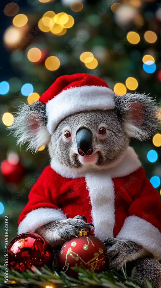 Xmas vibes - christmas mood - happy funny cute koala bear wearing santa claus hat in front of christmas tree. Vertical banner for instagram story, reel or tiktok Xmas vibes - christmas mood - happy funny cute koala bear wearing santa claus hat in front of christmas tree. Vertical banner for instagram story, reel or tiktok