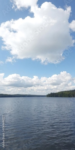 Scenic view of blue sky with fluffy clouds over tranquil Brookville Lake, peaceful, environment, idyllic