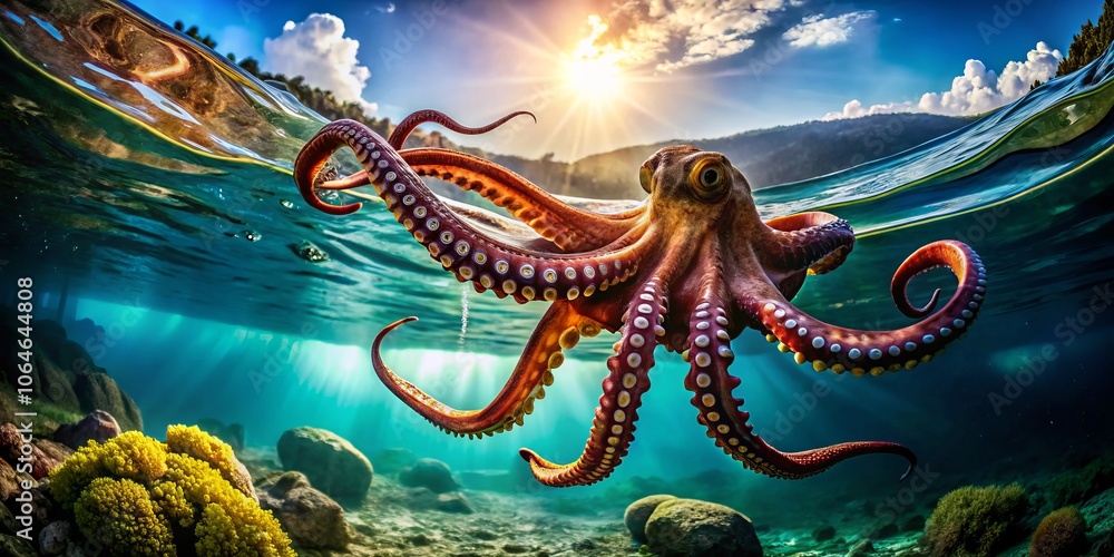 Obraz premium A Captivating Octopus Floating Gracefully in the Open Ocean Beneath Glimmering Sunlight, Showcasing Its Unique Tentacles and Beautiful Colors in a Serene Underwater Landscape