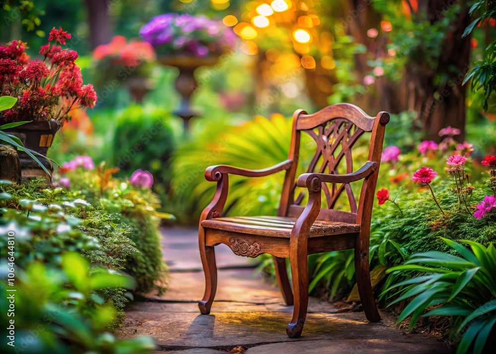 Obraz premium A Captivating Tilt-Shift Photograph of an Old Teak Wood Chair Surrounded by Nature, Highlighting Its Unique Texture and Timeless Charm in a Serene Outdoor Setting