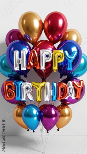 Colorful balloons with a 'Happy Birthday' message, white isolated background. photo