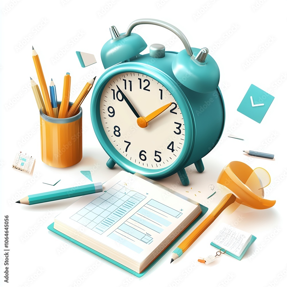 Alarm Clock, Pencils, and Planner on White Background. Alarm Clock, Pencils, and Planner on White Background.