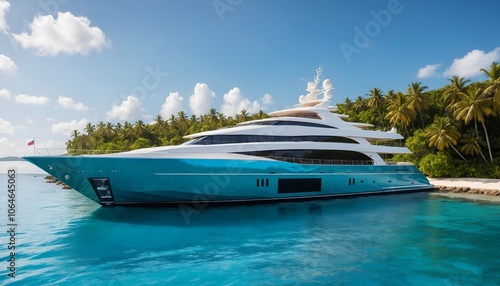 Luxurious Teal Yacht in Tropical Paradise: Tranquil Waters & Untouched Beach