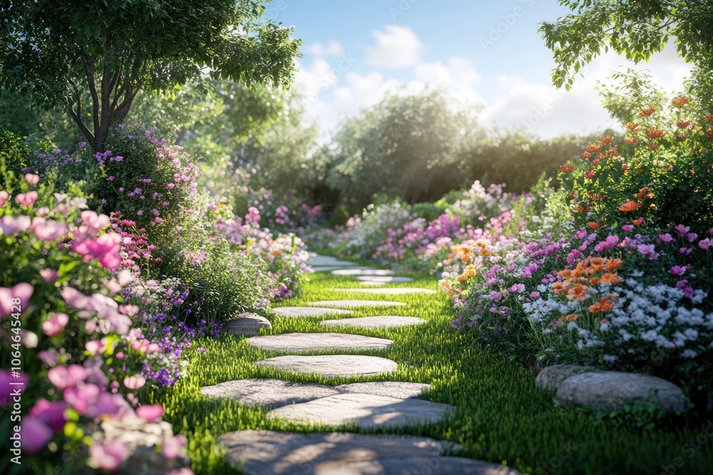 A stone path winds through a lush, colorful garden with blooming flowers and greenery under a bright blue sky. A stone path winds through a lush, colorful garden with blooming flowers and greenery under a bright blue sky.