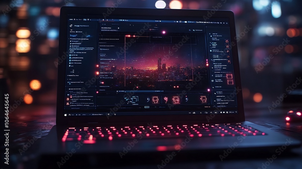 Laptop displaying AIpowered threat detection software glowing security symbols emphasizing modern cybersecurity and techfocused protection Laptop displaying AIpowered threat detection software glowing security symbols emphasizing modern cybersecurity and techfocused protection