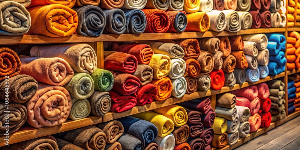 A Colorful Display of Rolled Fleece Blankets Stacked Neatly on a Store Shelf, Showcasing Various Textures and Warmth in a Cozy Retail Environment A Colorful Display of Rolled Fleece Blankets Stacked Neatly on a Store Shelf, Showcasing Various Textures and Warmth in a Cozy Retail Environment