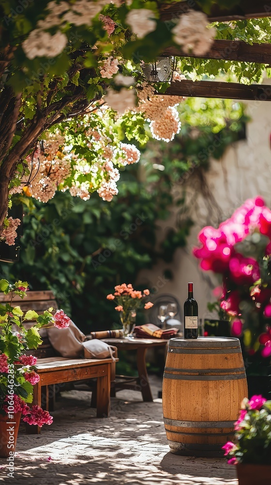 Fototapeta premium Serene Garden with Comfortable Seating and Wine