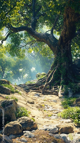 Serene View of Roots Beneath a Fig Tree