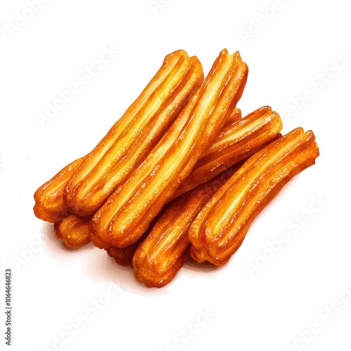 Delicious crunchy churros stacked on a pristine white background, perfect for desserts or a sweet snack.